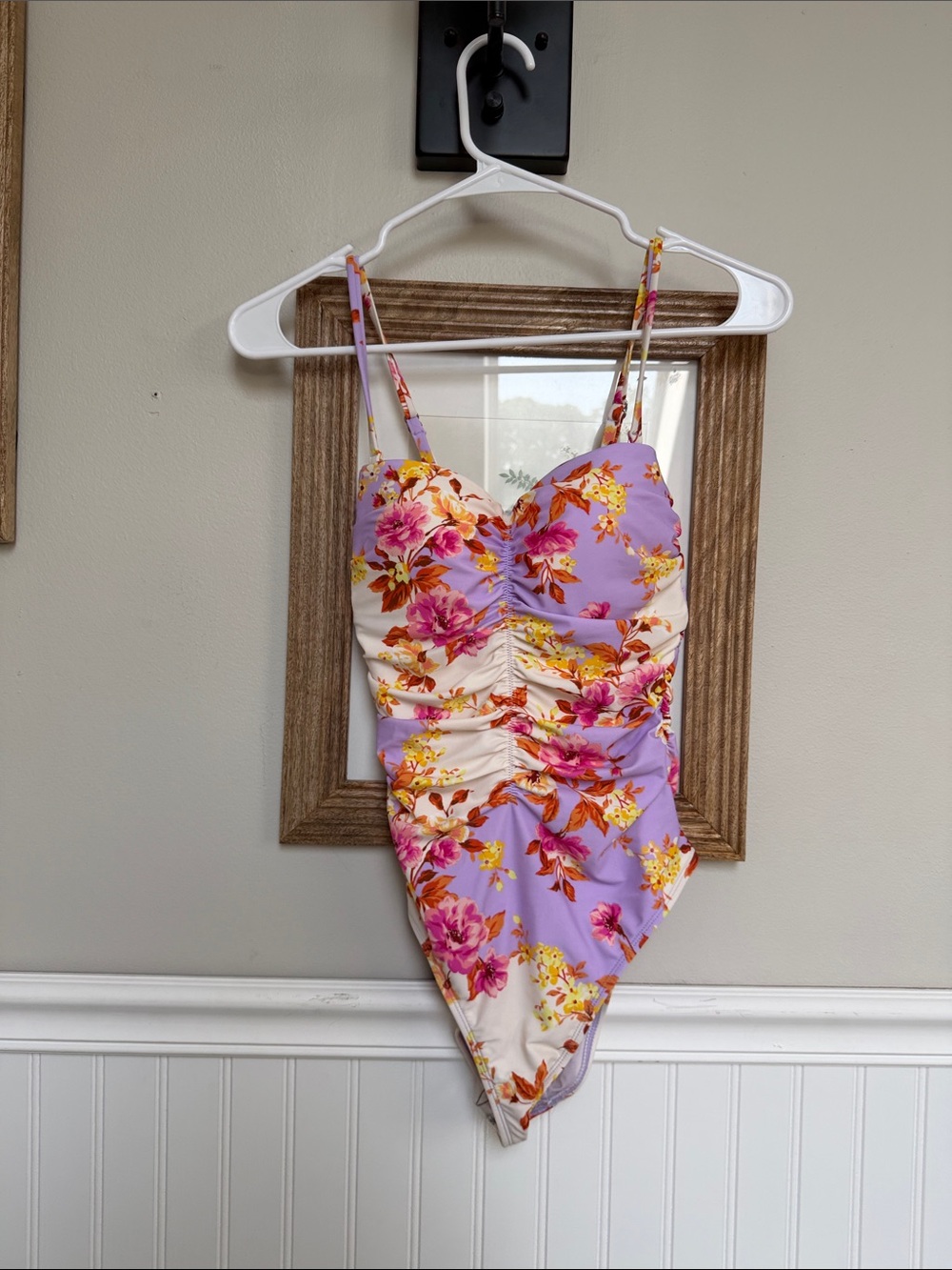 NWT Floral Ruched One-Piece Swimsuit - Lavender & Cream